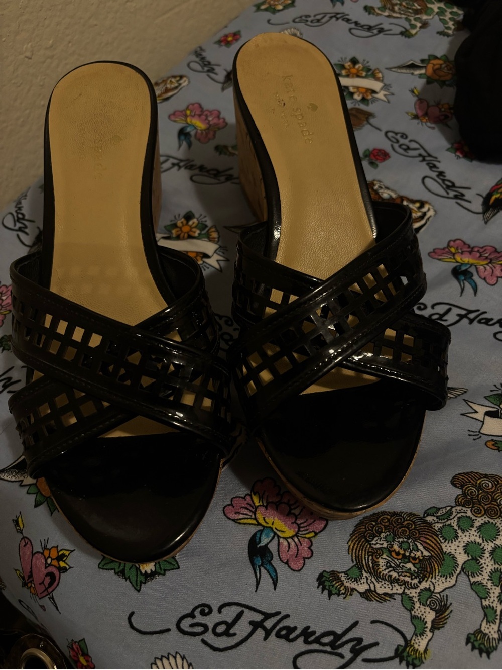 kate spade Black Patent Cutout Slide Mules